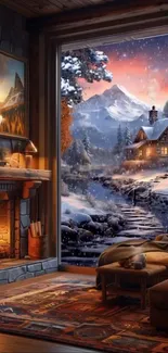 Cozy cabin with a fireplace and snowy mountain view at sunset.