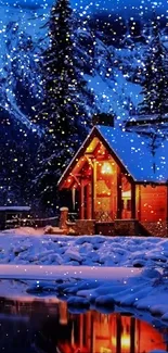 Cozy wooden cabin amidst snowy trees with falling snowflakes.