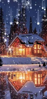 Cozy cabin in snowy winter landscape with shimmering stars at night.