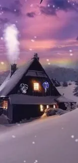 Cozy winter cabin with snow and purple sky in a scenic wallpaper.