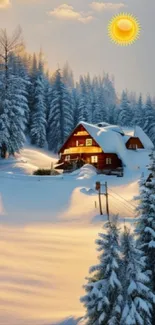 Snow-covered cabin with sunset glow and frosty trees in winter landscape.