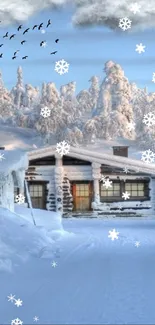 Winter cabin with snowflakes in a serene landscape background.