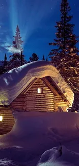 Winter night cabin with snowy pines and starlit sky.