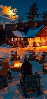 Cozy cabin and campfire in snowy winter night scene.