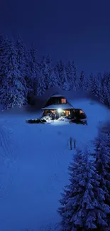 Cozy snow-covered cabin at night surrounded by frosty trees in a winter landscape.