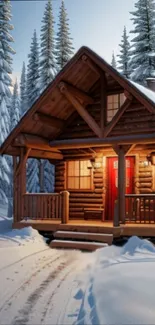 Log cabin surrounded by snowy trees creating a cozy winter scene.