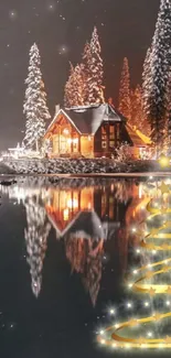 Cozy winter cabin with snow and twinkling lights reflected in a calm lake.