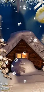 Cozy cabin surrounded by snow under a starry winter night.