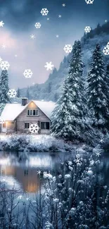 Peaceful snowy cabin by a frozen lake, surrounded by pine trees.