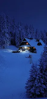 Cozy cabin nestled in a snowy, moonlit forest clearing.