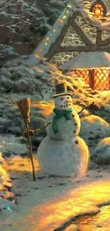 Snowy cabin with snowman in cozy winter setting.