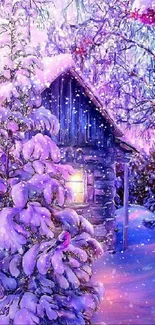 Cozy winter cabin with purple sky and snowy trees.