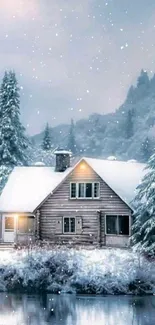 Cozy cabin surrounded by snowy trees and calm water.