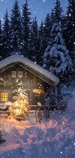 Snowy cabin at night with glowing lights and snowfall.