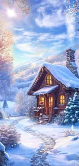 Cozy winter cabin in a snowy landscape with mountains.