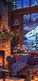 Cozy winter cabin with snow outside and fireplace.