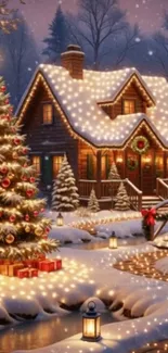 Cozy winter cabin with Christmas tree and festive lights in snow.