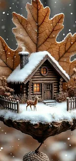Cozy snow-covered cabin surrounded by a large leaf and snowflakes.