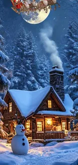 Snowy cabin with moonlit forest background.