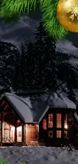 Cozy winter cabin with Christmas decor under a snowy mountain night sky.