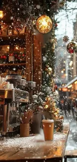 Cozy winter cafe with festive decorations and warm lights.