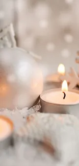 Warm winter candles with snowflakes and ornaments, cozy holiday decor.