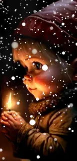 Child holds candle, snow falls gently.