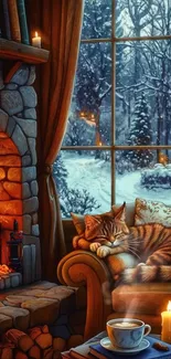 Cat sleeping by the fireplace with snowy outdoor view.