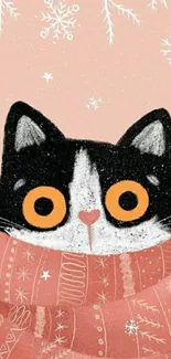 Cozy black and white cat in a red scarf with a peach winter background.