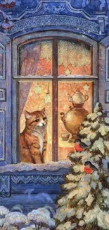 Cozy winter scene with a cat by the window, framed by snow and blue hues.