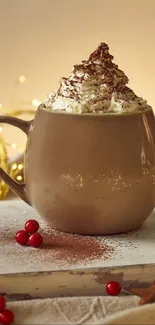 Cozy coffee mug with festive lights backdrop.