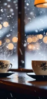 Steaming coffee cups by snowy window.