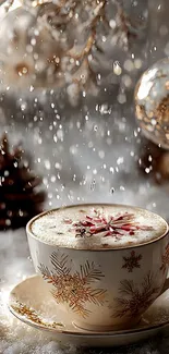 Cozy winter scene with coffee cup and ornaments under snow.
