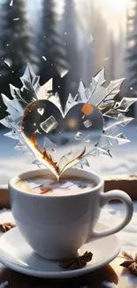 Cozy winter coffee wallpaper with frosty heart and steaming cup by snowy window.