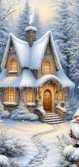 Snow-covered cottage in enchanted winter scene with gnome and forest.