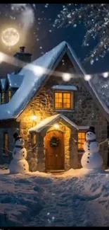 Cozy winter cottage at night with snowmen and glowing lights.