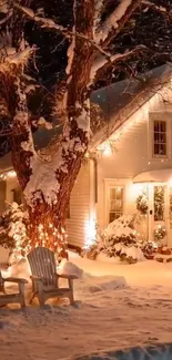 Snow-covered cottage with lights at night.