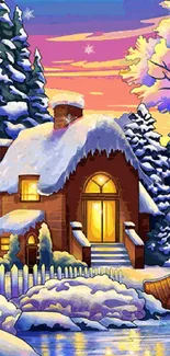 Cozy winter cottage with snowy trees and a sunset sky.