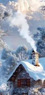 Cozy winter cottage with snow-covered roof and trees against a cloudy sky.