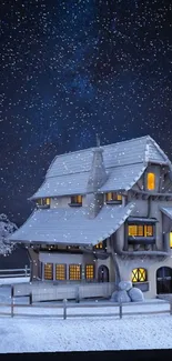 Cozy cottage with snow under a starry night sky.