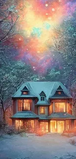 Magical winter cottage under a colorful cosmic sky.