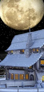 Snowy cottage under a giant full moon with glowing windows.