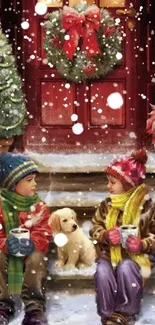 Children with mugs on snowy stairs with Christmas decorations.