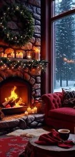 Cozy fireplace scene with candles and snow outside window.