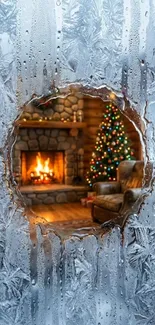 Warm fireplace and Christmas tree seen through frosted window.