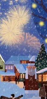 Snowy village with fireworks in a cozy festive setting.