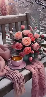 A cozy winter scene with roses and coffee on a snowy bench.