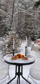 Winter forest scene with snow-covered table and cozy setup.