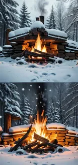 Cozy outdoor campfire amidst snowy forest trees in winter.