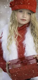 Girl in red with gift box, snowy background.